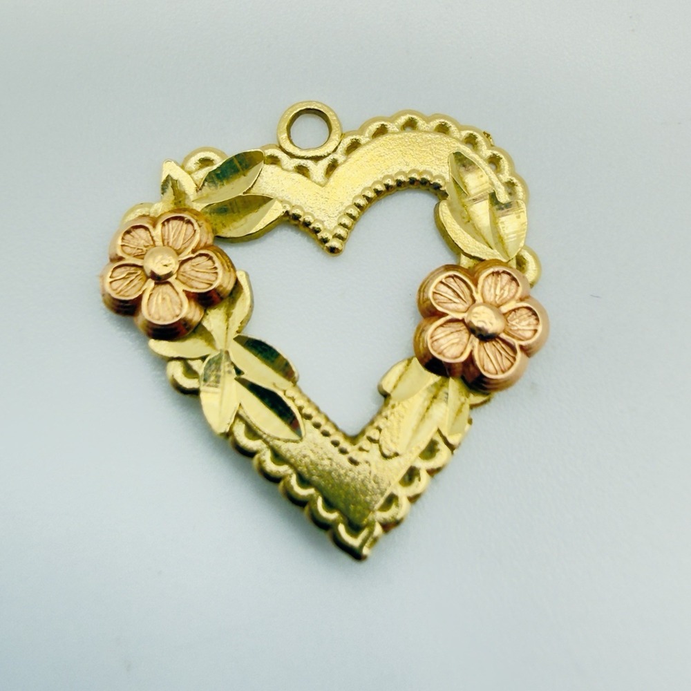 14K Gold Heart Pendant Two Tone Yellow Rose Floral Vintage Black Hills Style